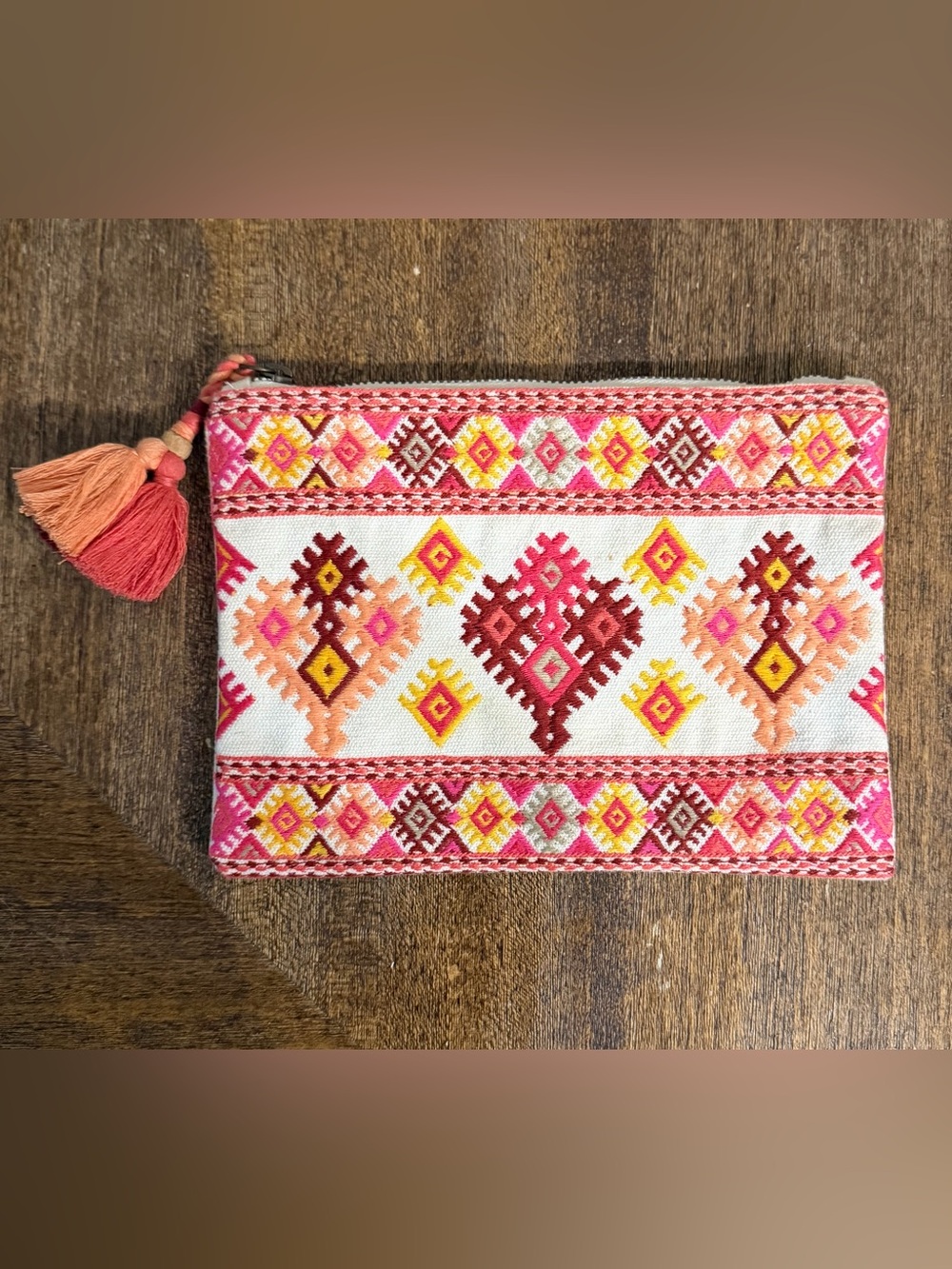 LOFT Geometric Embroidered Boho Zippered Pouch, Zipper Pull With Tassel, Pink